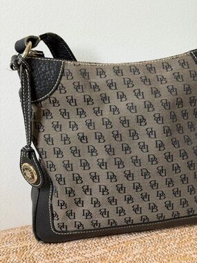VTG Dooney & Bourke Taupe Canvas Monogram Shoulder Bag with Black Trim Y2K